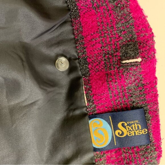 Vintage Pink Plaid Wool Blend Double Breasted Blazer Preppy Jacket No Size Tag - Picture 10 of 14